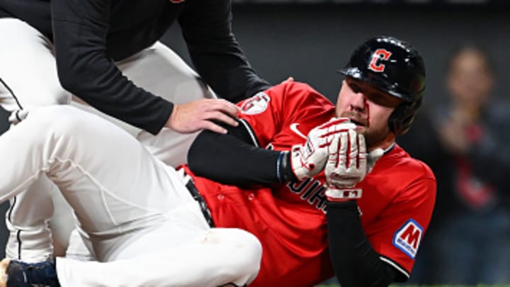 Guardians designated hitter David Fry had a foul ball hit his face.