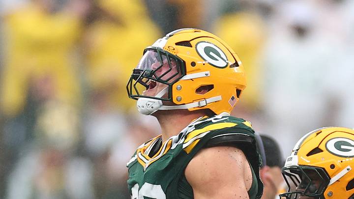 Sep 20, 2026; East Rutherford, New Jersey, USA;  Green Bay Packers defensive end Lukas Van Ness (90) celebrates a fourth down defensive stop New York Jets during the fourth quarter at MetLife Stadium.  Mandatory Credit: Vincent Carchietta-Imagn Images