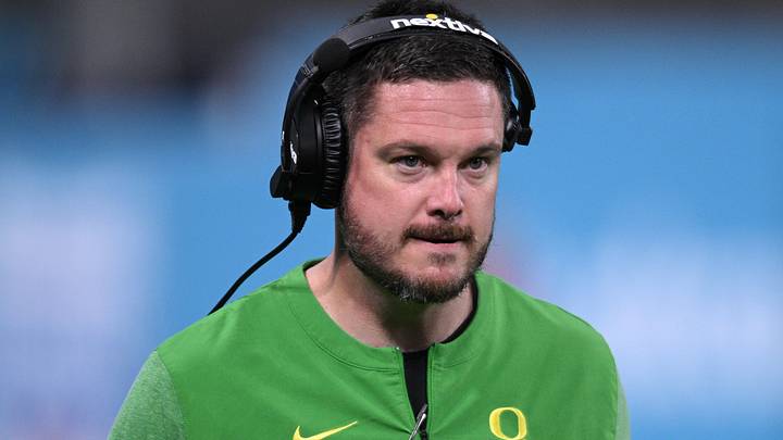 Dec 28, 2022; San Diego, CA, USA; Oregon Ducks head coach Dan Lanning looks on from the sideline during the second half against the North Carolina Tar Heels of the 2022 Holiday Bowl at Petco Park. Dec 28, 2022; San Diego, CA, USA; Oregon Ducks head coach Dan Lanning looks on from the sideline during the second half against the North Carolina Tar Heels of the 2022 Holiday Bowl at Petco Park.