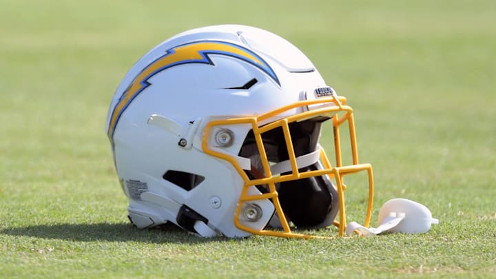 Aug 14, 2019; Costa Mesa, CA, USA: Detailed view of Los Angeles Chargers helmet during training camp at the Jack Hammett Sports Complex. Mandatory Credit: Kirby Lee-Imagn Images
