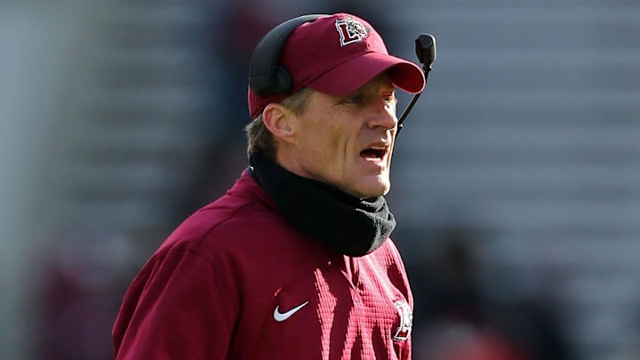 Nov 10, 2018; West Point, NY, USA; Lafayette Leopards head coach John Garrett speaks to his players during the second half against the Army Black Knights at Michie Stadium. Mandatory Credit: Danny Wild-Imagn Images