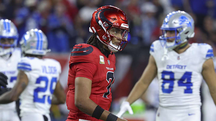 Houston Texans quarterback C.J. Stroud (7) walks off the field after a play during the fourth quarter against the Detroit Lions Houston Texans quarterback C.J. Stroud (7) walks off the field after a play during the fourth quarter against the Detroit Lions