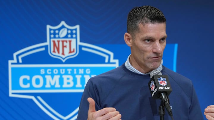 Feb 27, 2025; Indianapolis, IN, USA; Houston Texans general manager Nick Caserio speaks during the 2025 NFL Scouting Combine at the Indiana Convention Center. Mandatory Credit: Kirby Lee-Imagn Images