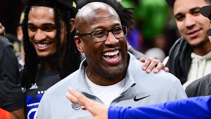 May 25, 2026; Cleveland, Ohio, USA; New York Knicks head coach Mike Brown reacts after defeating the Cleveland Cavaliers in game four of the eastern conference finals for the 2026 NBA playoffs at Rocket Arena. Mandatory Credit: Ken Blaze-Imagn Images May 25, 2026; Cleveland, Ohio, USA; New York Knicks head coach Mike Brown reacts after defeating the Cleveland Cavaliers in game four of the eastern conference finals for the 2026 NBA playoffs at Rocket Arena. Mandatory Credit: Ken Blaze-Imagn Images