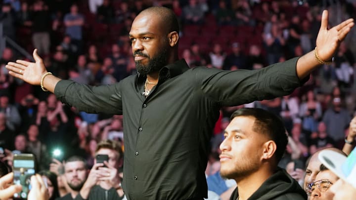 Feb 15, 2020; Rio Rancho, New Mexico, USA; UFC fighter Jon Jones attends the light heavyweight bout between Jan Blachowicz (blue) and Corey Anderson (red) during UFC Fight Night at Santa Ana Star Arena. Mandatory Credit: Kirby Lee-Imagn Images