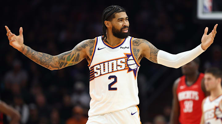 Nov 24, 2025; Phoenix, Arizona, USA; Phoenix Suns center Nick Richards (2) reacts against the Houston Rockets in the first half at Mortgage Matchup Center. Mandatory Credit: Mark J. Rebilas-Imagn Images