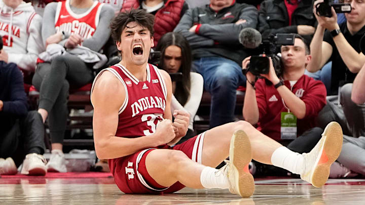 Indiana guard Trey Galloway (32) celebrates after drawing a foul against Ohio State.