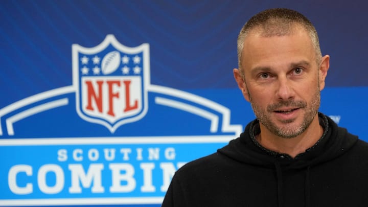 Feb 25, 2025; Indianapolis, IN, USA; Las Vegas Raiders general manager John Spytek speaks during the NFL Scouting Combine at the Indiana Convention Center. Mandatory Credit: Kirby Lee-Imagn Images