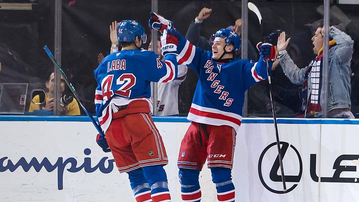 Apr 5, 2026; New York, New York, USA; New York Rangers left wing Adam Sykora (38) celebrates his goal with center Noah Laba (42) during the second period against the Washington Capitals at Madison Square Garden. Apr 5, 2026; New York, New York, USA; New York Rangers left wing Adam Sykora (38) celebrates his goal with center Noah Laba (42) during the second period against the Washington Capitals at Madison Square Garden.