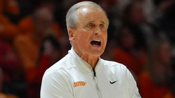 Tennessee coach Rick Barnes yells during a NCAA basketball game between the Tennessee Volunteers and Auburn Tigers at Thompson-Boling Arena at Food City Center in Knoxville, Tenn., on Jan. 31, 2026. Tennessee coach Rick Barnes yells during a NCAA basketball game between the Tennessee Volunteers and Auburn Tigers at Thompson-Boling Arena at Food City Center in Knoxville, Tenn., on Jan. 31, 2026.