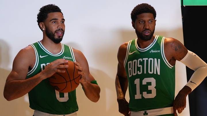 Sep 28, 2026; Boston, MA, USA; Boston Celtics forward/guard Jayson Tatum (0) with forward Paul George (13) during media day at Auerbach Center. Mandatory Credit: David Butler II-Imagn Images Sep 28, 2026; Boston, MA, USA; Boston Celtics forward/guard Jayson Tatum (0) with forward Paul George (13) during media day at Auerbach Center. Mandatory Credit: David Butler II-Imagn Images