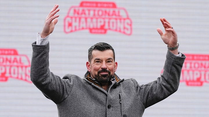 Ohio State coach Ryan Day fires up the crowd at the celebration for the team's national championship win.
