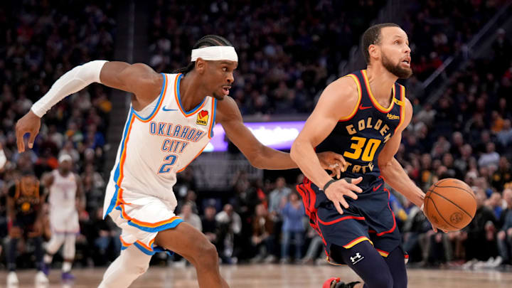 Jan 29, 2025; San Francisco, California, USA; Golden State Warriors guard Stephen Curry (30) dribbles past Oklahoma City Thunder guard Shai Gilgeous-Alexander (2) in the third quarter at the Chase Center. Mandatory Credit: Cary Edmondson-Imagn Images Jan 29, 2025; San Francisco, California, USA; Golden State Warriors guard Stephen Curry (30) dribbles past Oklahoma City Thunder guard Shai Gilgeous-Alexander (2) in the third quarter at the Chase Center. Mandatory Credit: Cary Edmondson-Imagn Images