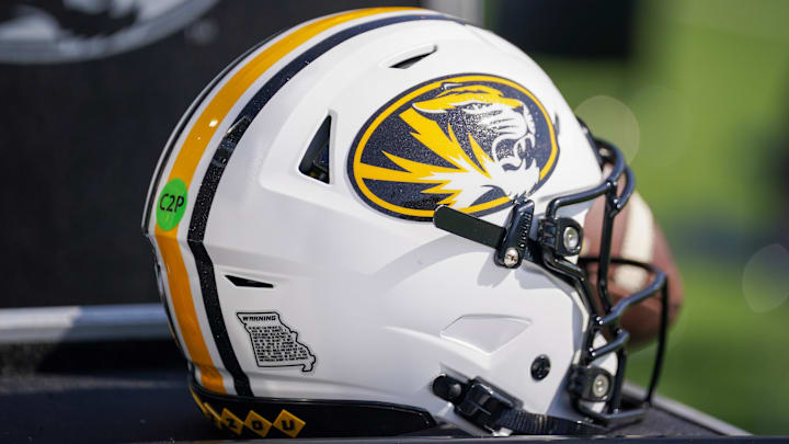 Sep 13, 2025; Columbia, Missouri, USA; A general view of a Missouri Tigers helmet prior to a game against the Louisiana-Lafayette Ragin Cajuns at Faurot Field at Memorial Stadium.