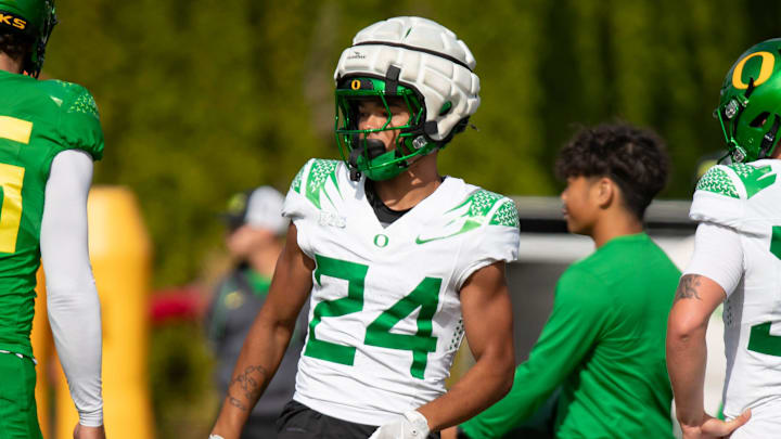 Oregon wide receiver Jalen Saint Paul works out during practice with the Oregon Ducks Wednesday Aug. 21, 2024 at the Hatfield-Dowlin Complex in Eugene, Ore.