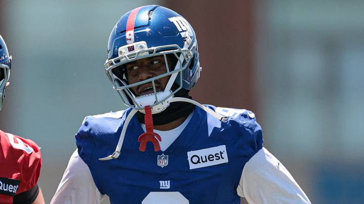 Jun 3, 2026; East Rutherford, NJ, USA;  New York Giants quarterback Jaxson Dart (6) and wide receiver Isaiah Likely (9) talk during organized team activities at Quest Diagnostics Training Center. Mandatory Credit: Vincent Carchietta-Imagn Images
