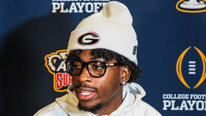 Georgia wide receiver Zachariah Branch takes questions from the press during the Sugar Bowl and College Football Playoff quarterfinals Media Day.