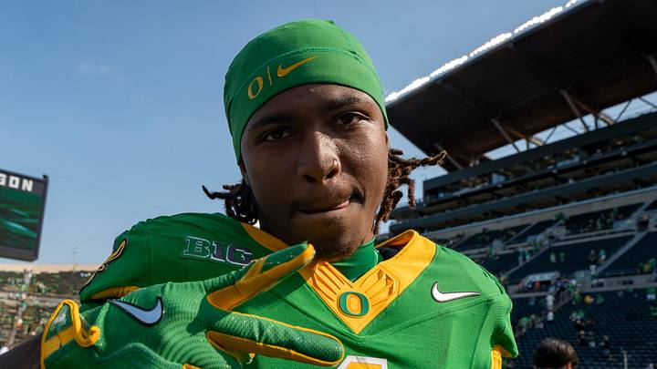 Oregon wide receiver Dakorien Moore celebrates the Ducks’ win as the Oregon Ducks host the Oklahoma State Cowboys on Sept. 6, 2025, at Autzen Stadium in Eugene, Oregon. Oregon wide receiver Dakorien Moore celebrates the Ducks’ win as the Oregon Ducks host the Oklahoma State Cowboys on Sept. 6, 2025, at Autzen Stadium in Eugene, Oregon.