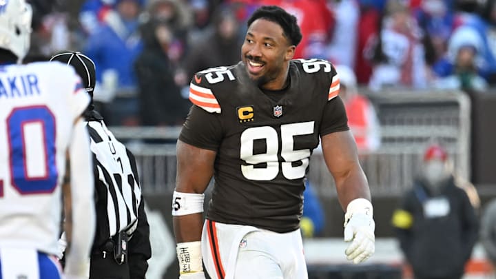 Myles Garrett reacts after a penalty wasn't called on a play where his helmet was ripped off by Buffalo Bills OT Dion Dawkins. Myles Garrett reacts after a penalty wasn't called on a play where his helmet was ripped off by Buffalo Bills OT Dion Dawkins.