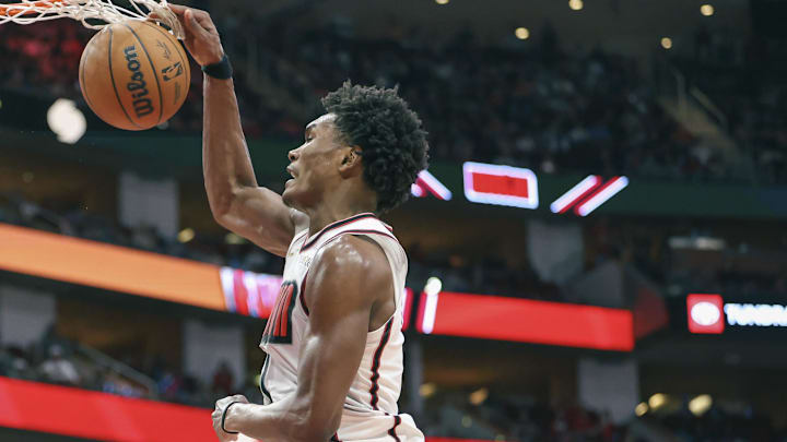 Dec 27, 2024; Houston, Texas, USA; Houston Rockets forward Amen Thompson (1) dunks the ball during the fourth quarter against the Minnesota Timberwolves at Toyota Center. Mandatory Credit: Troy Taormina-Imagn Images