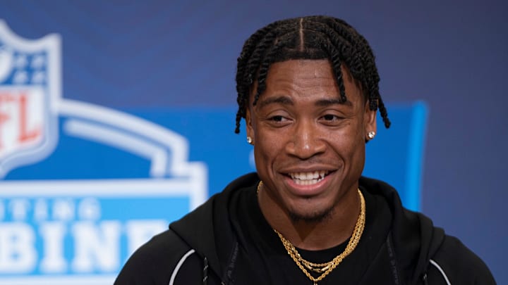 Feb 26, 2026; Indianapolis, IN, USA; South Carolina defensive back Jalon Kilgore (DB39) speaks to members of the media during the NFL Combine at the Indiana Convention Center. Mandatory Credit: Jacob Musselman-Imagn Images