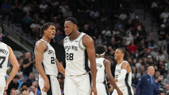Nov 9, 2022; San Antonio, Texas, USA;  San Antonio Spurs guard Devin Vassell (24) celebrates a play by San Antonio Spurs center Charles Bassey (28) in the first half against the Memphis Grizzlies at the AT&T Center. Mandatory Credit: Daniel Dunn-Imagn Images Nov 9, 2022; San Antonio, Texas, USA;  San Antonio Spurs guard Devin Vassell (24) celebrates a play by San Antonio Spurs center Charles Bassey (28) in the first half against the Memphis Grizzlies at the AT&T Center. Mandatory Credit: Daniel Dunn-Imagn Images