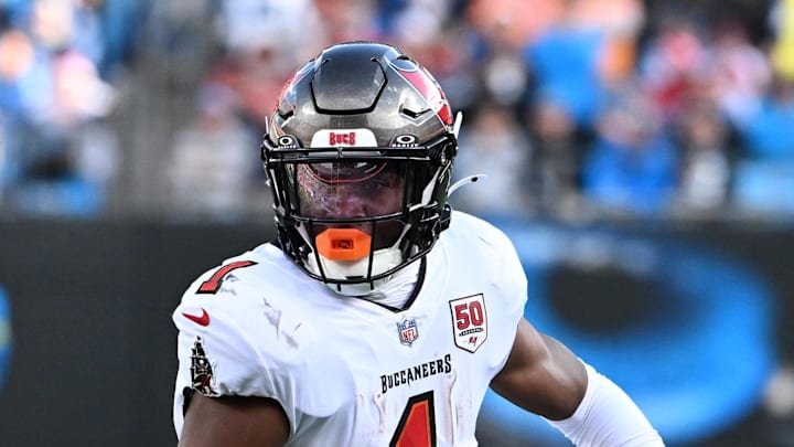 Tampa Bay Buccaneers running back Rachaad White (1) with the ball in the third quarter at Bank of America Stadium. 