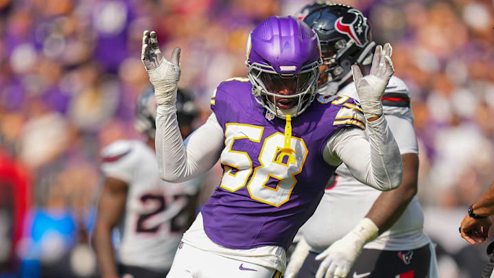 Sep 22, 2024; Minneapolis, Minnesota, USA; Minnesota Vikings linebacker Jonathan Greenard (58) celebrates his sack against the Houston Texans quarterback C.J. Stroud (7) in the third quarter at U.S. Bank Stadium.