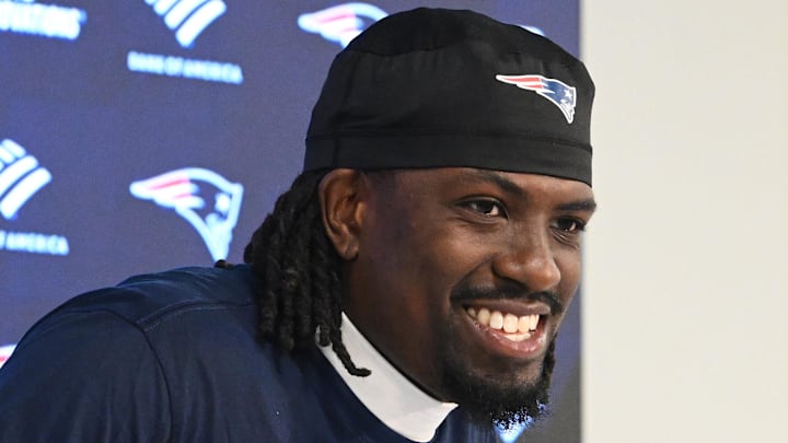 May 9, 2026; Foxborough, MA, USA; New England Patriots cornerback Karon Prunty (21) takes questions from the media during at Gillette Stadium. Mandatory Credit: Eric Canha-Imagn Images