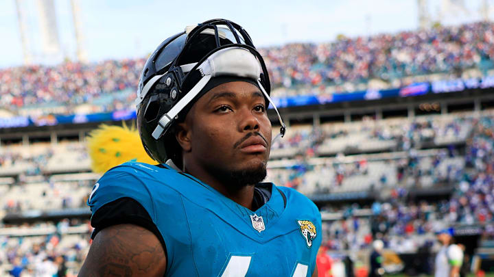 Jacksonville Jaguars defensive end Travon Walker (44) walks off the field after the game of an NFL football AFC Wild Card playoff matchup, Sunday, Jan. 11, 2026, in Jacksonville, Fla. The Bills defeated the Jaguars 27-24. [Corey Perrine/Florida Times-Union]