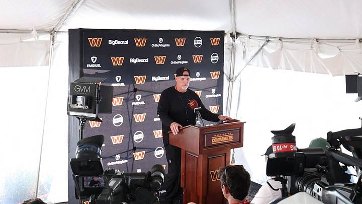 Ashburn, VA, USA: Washington Commanders head coach Dan Quinn speaks with the media at the BigBear.ai Performance Center at Commanders Park. Mandatory Credit: Geoff Burke-Imagn Images Ashburn, VA, USA: Washington Commanders head coach Dan Quinn speaks with the media at the BigBear.ai Performance Center at Commanders Park. Mandatory Credit: Geoff Burke-Imagn Images