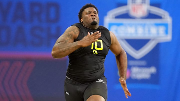 Feb 27, 2025; Indianapolis, IN, USA; Florida State defensive lineman Joshua Farmer (DL10) participates in drills during the 2025 NFL Combine at Lucas Oil Stadium. Mandatory Credit: Kirby Lee-Imagn Images