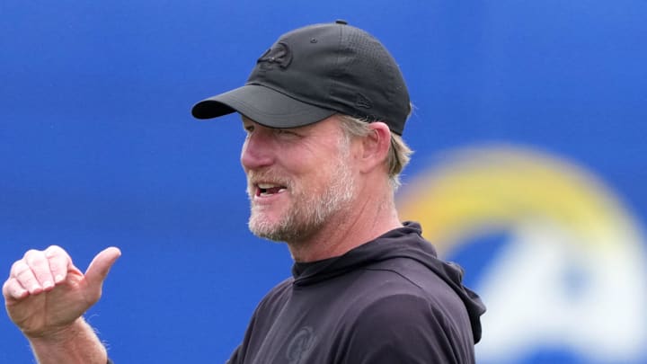 May 28, 2025; Woodland Hills, CA, USA; Los Angeles Rams general manager Les Snead reacts during organized team activities at Rams Practice Facility. Mandatory Credit: Kirby Lee-Imagn Images May 28, 2025; Woodland Hills, CA, USA; Los Angeles Rams general manager Les Snead reacts during organized team activities at Rams Practice Facility. Mandatory Credit: Kirby Lee-Imagn Images