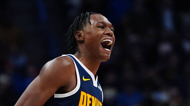 Denver Nuggets forward Peyton Watson (8) reacts in the fourth quarter against the Oklahoma City Thunder at Ball Arena on November 6, 2024.