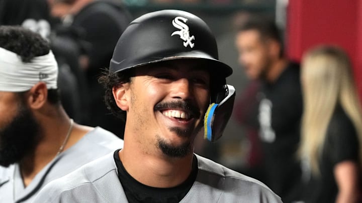Apr 22, 2026; Phoenix, Arizona, USA; Chicago White Sox third baseman Miguel Vargas (20) celebrates after hitting a solo home run against the Chicago White Sox in the third inning at Chase Field. Mandatory Credit: Rick Scuteri-Imagn Images