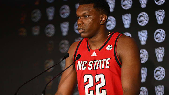 Oct 8, 2025; Charlotte, NC, USA; NC State player Ven-Allen Lubin answers questions from the media at The Hilton Charlotte Uptown. Mandatory Credit: William Howard-Imagn Images