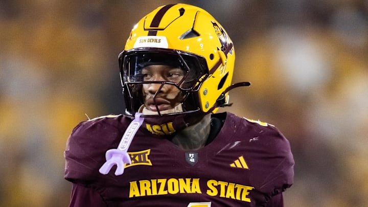 Nov 28, 2025; Tempe, Arizona, USA; Arizona State Sun Devils defensive back Myles Rowser (4) against the Arizona Wildcats during the 99th Territorial Cup at Mountain America Stadium. Mandatory Credit: Mark J. Rebilas-Imagn Images