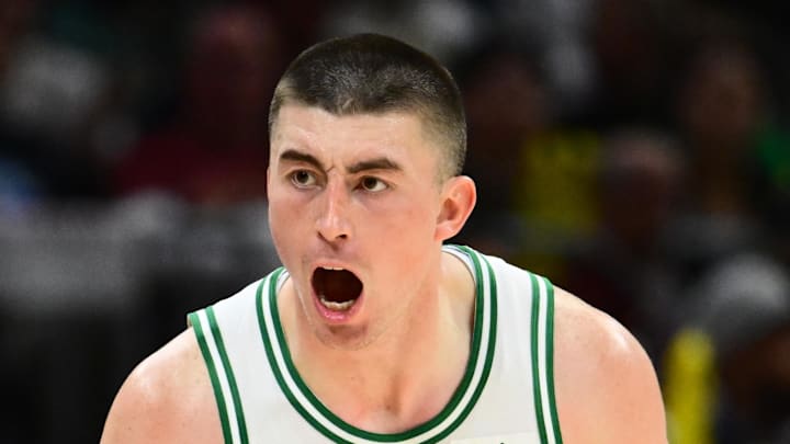 Mar 8, 2026; Cleveland, Ohio, USA; Boston Celtics guard Payton Pritchard (11) celebrates after hitting a three point basket against the Cleveland Cavaliers during the second half at Rocket Arena. Mandatory Credit: Ken Blaze-Imagn Images Mar 8, 2026; Cleveland, Ohio, USA; Boston Celtics guard Payton Pritchard (11) celebrates after hitting a three point basket against the Cleveland Cavaliers during the second half at Rocket Arena. Mandatory Credit: Ken Blaze-Imagn Images