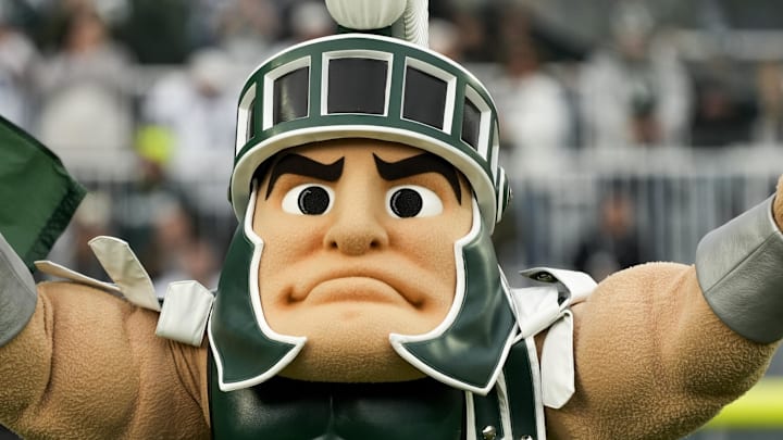 Nov 15, 2025; East Lansing, Michigan, USA; Michigan State mascot Sparty runs out onto the field before a game against Penn State at Spartan Stadium. Mandatory Credit: Brendan Mullin-Imagn Images