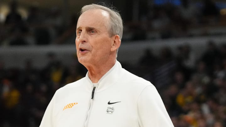 Mar 29, 2026; Chicago, IL, USA; Tennessee Volunteers head coach Rick Barnes reacts in the first half against the Michigan Wolverines during an Elite Eight game of the Midwest Regional of the men's 2026 NCAA Tournament at United Center. Mandatory Credit: David Banks-Imagn Images