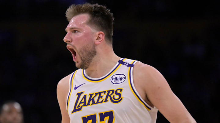 Apr 19, 2025; Los Angeles, California, USA; Los Angeles Lakers guard Luka Doncic (77) reacts after not getting a foul call in the second half against the Minnesota Timberwolves at Crypto.com Arena. Mandatory Credit: Jayne Kamin-Oncea-Imagn Images Apr 19, 2025; Los Angeles, California, USA; Los Angeles Lakers guard Luka Doncic (77) reacts after not getting a foul call in the second half against the Minnesota Timberwolves at Crypto.com Arena. Mandatory Credit: Jayne Kamin-Oncea-Imagn Images