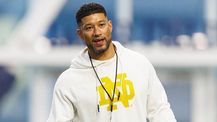 Head coach Marcus Freeman greets his players during a Notre Dame football practice at Irish Athletic Center on Friday, March 20, 2026, in South Bend. Head coach Marcus Freeman greets his players during a Notre Dame football practice at Irish Athletic Center on Friday, March 20, 2026, in South Bend.