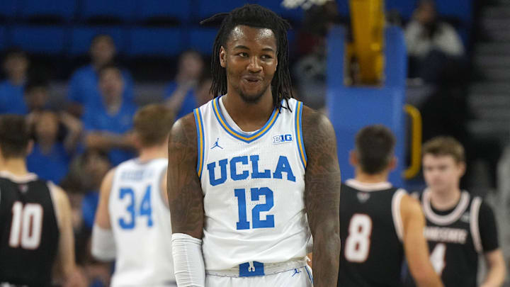 Nov 20, 2024; Los Angeles, California, USA; UCLA Bruins guard Sebastian Mack (12) reacts against the Idaho State Bengals in the first half at Pauley Pavilion presented by Wescom. Mandatory Credit: Kirby Lee-Imagn Images
