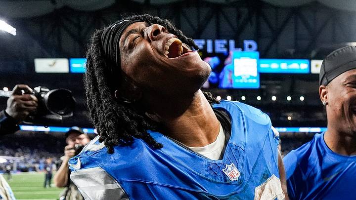 Detroit Lions running back Jahmyr Gibbs (26) and running back David Montgomery (5) celebrate 34-31 win over Green Bay Packers as he exits the field at Ford Field in Detroit on Thursday, Dec. 5, 2024. Detroit Lions running back Jahmyr Gibbs (26) and running back David Montgomery (5) celebrate 34-31 win over Green Bay Packers as he exits the field at Ford Field in Detroit on Thursday, Dec. 5, 2024.