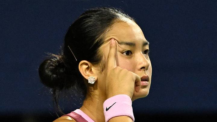 Alexandra Eala reacts after playing a point Alexandra Eala reacts after playing a point
