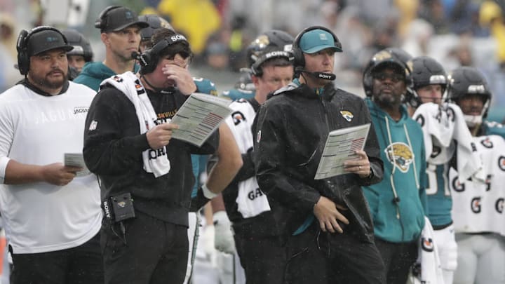 Dec 7, 2025; Jacksonville, Florida, USA;  Jacksonville Jaguars head coach Liam Coen stands on the sidelines against the Indianapolis Colts during the first half at EverBank Stadium. Mandatory Credit: Travis Register-Imagn Images