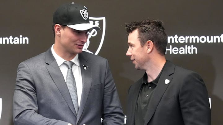 Apr 24, 2026; Henderson, NV, USA; Las Vegas Raiders quarterback Fernando Mendoza (left) shakes hands with head coach Klint Kubiak at introductory press conference at Intermountain Health Performance Center after being selected as the No. 1 pick in the 2026 NFL Draft. Mandatory Credit: Kirby Lee-Imagn Images Apr 24, 2026; Henderson, NV, USA; Las Vegas Raiders quarterback Fernando Mendoza (left) shakes hands with head coach Klint Kubiak at introductory press conference at Intermountain Health Performance Center after being selected as the No. 1 pick in the 2026 NFL Draft. Mandatory Credit: Kirby Lee-Imagn Images