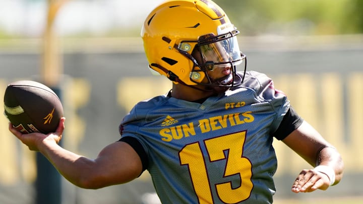 Arizona State quarterback Cameron Dyer (13) throws a pass during the first day of fall practice in Tempe, Ariz. on July 30, 2025. Arizona State quarterback Cameron Dyer (13) throws a pass during the first day of fall practice in Tempe, Ariz. on July 30, 2025.