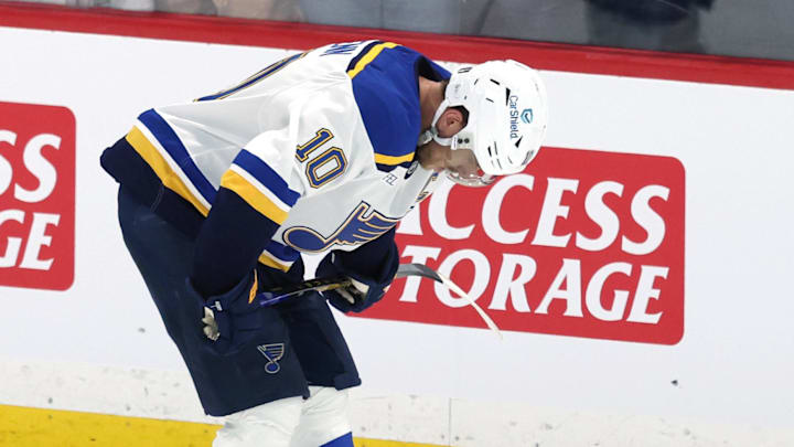 May 4, 2025; Winnipeg, Manitoba, CAN; St. Louis Blues center Brayden Schenn (10) reacts to the team’s double overtime loss to the Winnipeg Jets in game seven of the first round of the 2025 Stanley Cup Playoffs at Canada Life Centre. Mandatory Credit: James Carey Lauder-Imagn Images