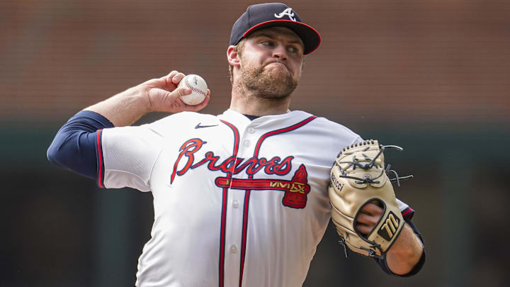 Sep 24, 2025; Cumberland, Georgia, USA; Atlanta Braves starting pitcher Bryce Elder (55) pitches against the Washington Nationals during the first inning at Truist Park.